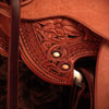 Douglas 38 Wade - tree by Rick Reed, 15 and 1/4 inch seat, Gullet - 7 and 1/2 inch by 6 and 1/4 inch by 4 inch, Horn  3 inch round, 90 degree bars, 7/8ths flat palte riggin, Cheyenne Roll, Sheridan Style Floral Carving bordered with Vaquero Lace.